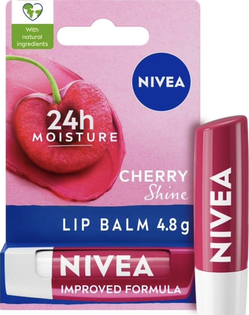 NIVEA Cherry Shine Lip Balm (4.8g), Flavoured Lip Balm with Shea Butter, Natural Oils and Vitamins, Provides 24h Moisture and a Soft Red Shine, Vegan Lip Care Formula