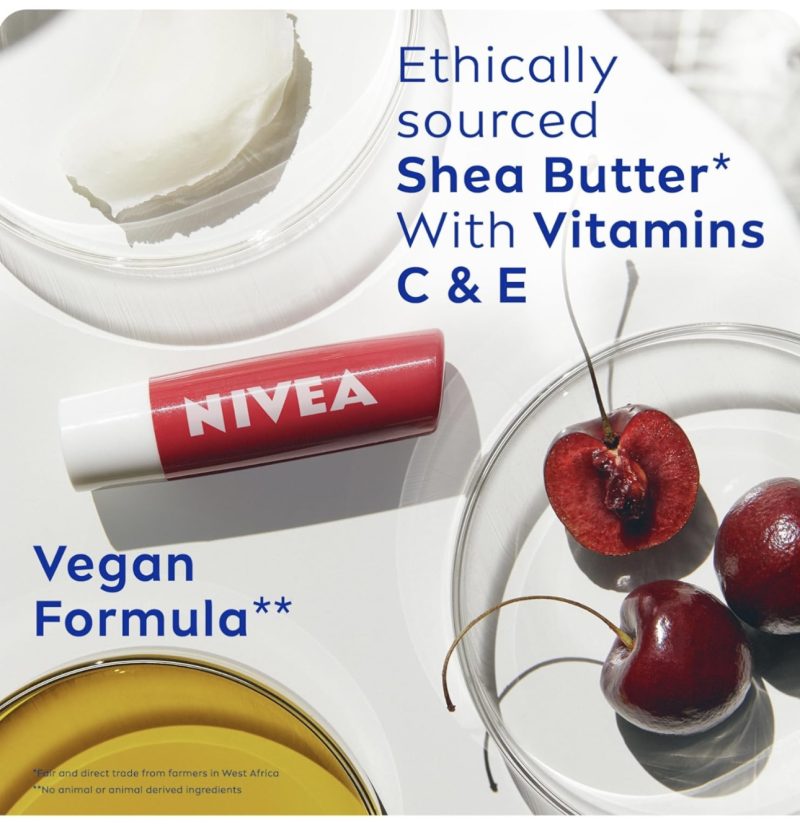 NIVEA Cherry Shine Lip Balm (4.8g), Flavoured Lip Balm with Shea Butter, Natural Oils and Vitamins, Provides 24h Moisture and a Soft Red Shine, Vegan Lip Care Formula - Image 5