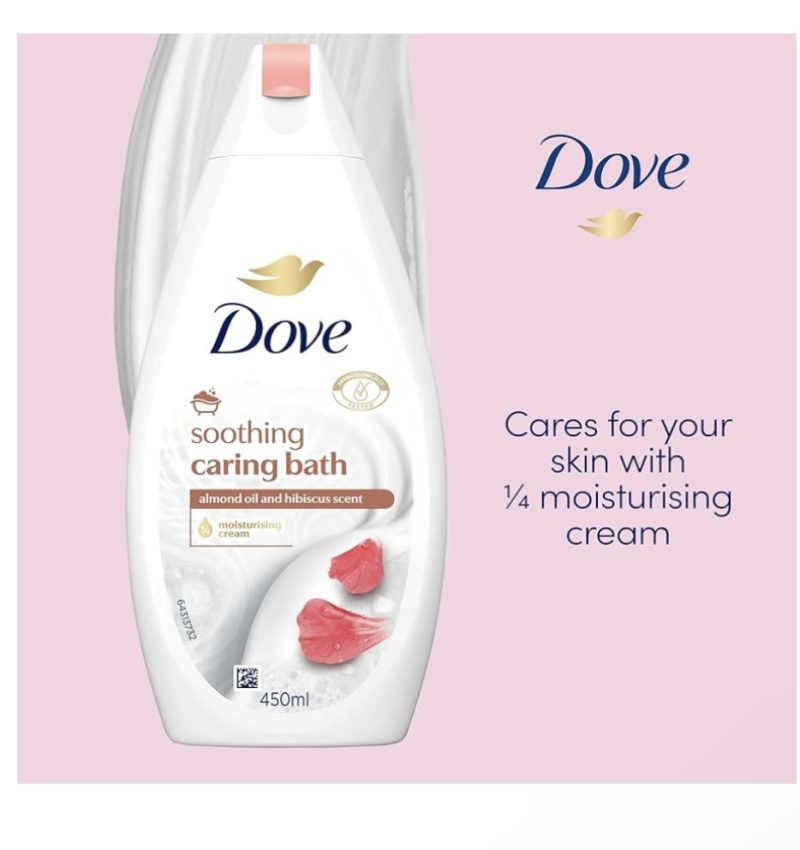 Dove Soothing Caring Bath Bath Soak with ¼ moisturising cream, almond cream & hibiscus for an indulgent bubble bath 450 ml - Image 3
