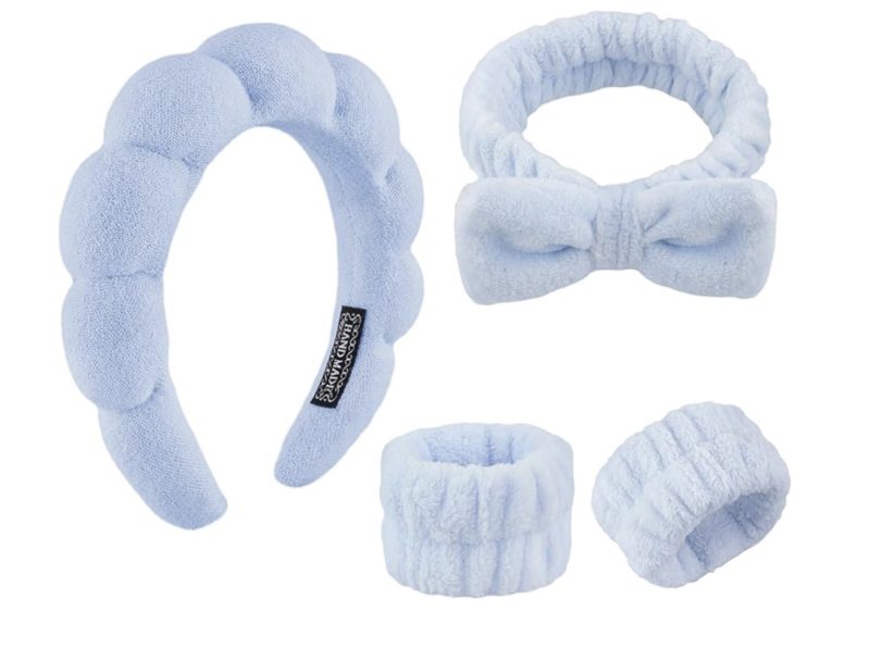 YUXIANLB Spa Headband for Washing Face, Skincare Headbands for Women Makeup, Terry Cloth Towel Hairband for Skincare, Sponge Puffy Make Up Hair Band for Women, Face Washing Wristband Pack of 4 (Blue)