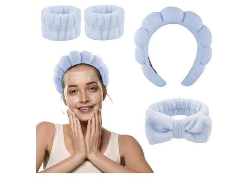 YUXIANLB Spa Headband for Washing Face, Skincare Headbands for Women Makeup, Terry Cloth Towel Hairband for Skincare, Sponge Puffy Make Up Hair Band for Women, Face Washing Wristband Pack of 4 (Blue) - Image 3