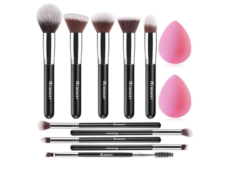 BEAKEY Diversity Make up Brushes 12Pcs Makeup Kit, Premium Synthetic Kabuki Foundation Face Powder Concealers Eyeshadow Blush Brushes Make up Brushes Set, with 2pcs Blender Sponges (Black/Silver)